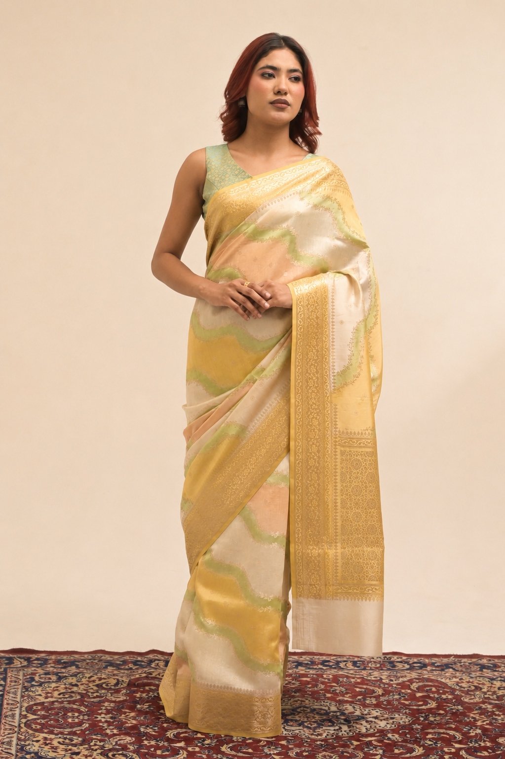 Rangkart Sunshine Ivory Banarasi handloom Chiniya Silk Saree with Heritage Zari Border